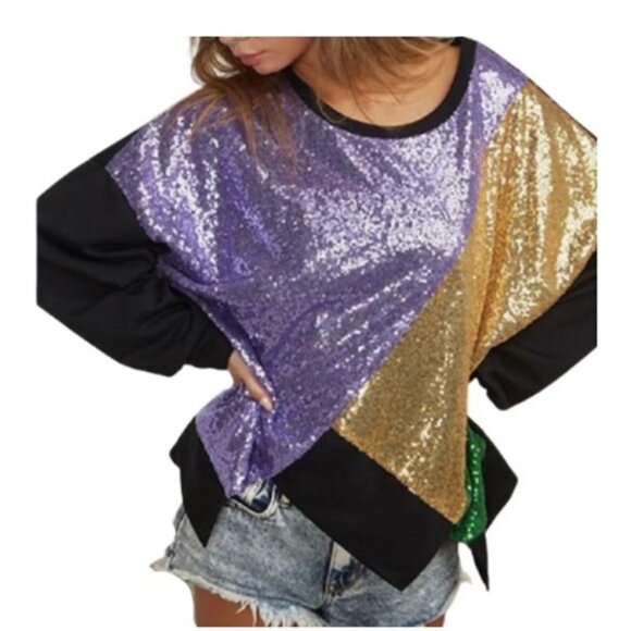 Sequin Color Block Sweater Top By BiBi Mardi grass colors loose fit women chic - Picture 1 of 11